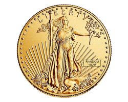 A gold coin with the image of an eagle on it.